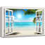Fenêtre, paysage, palmier vert tropical, plage côtière, océan bleu, reproduction d'art sur toile-56099191