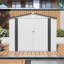 Abri de jardin métallique 2,4 x 1,8 m, toit en pente, étanche, une fenêtre, deux portes verrouillables, blanc et gris, avec étagères et crochets de rangement en matériau haute durabilité.