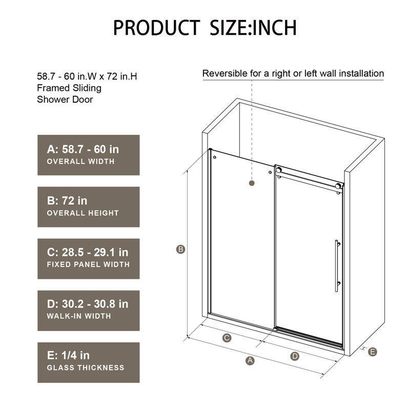 Porte de douche coulissante simple sans cadre 60 po x l 72 po avec verre trempé transparent de 1/4 po d'épaisseur, Chrome