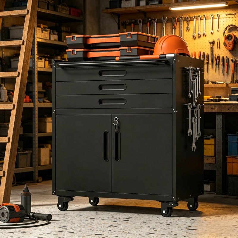 34.3 Inch Heavy Duty Rolling Metal Tool Cabinet, 3 Drawer Garage Storage With Lockable Doors & Mobile Workbench For Workshop & Home Use
