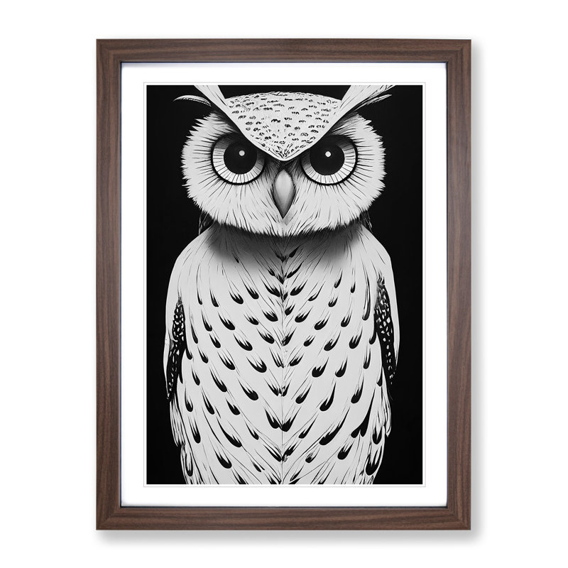 Owl Monochrome No.3 - Framed Print, 46cm H x 34cm W x 2cm D, Walnut