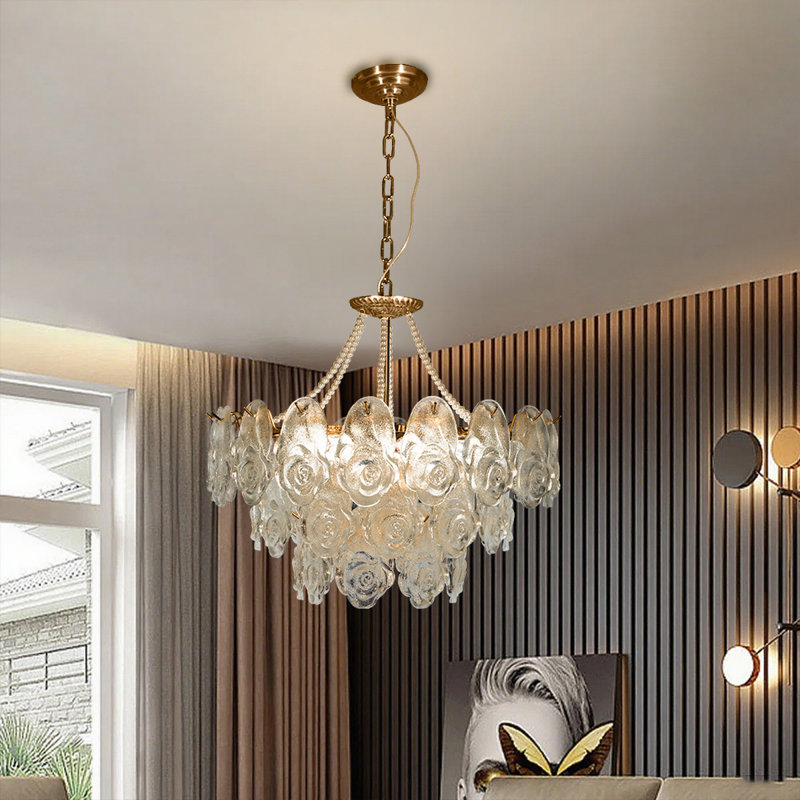 Lustre en verre rose avec finition cuivre, 9 lumières, comprend des ampoules tricolores, 24 po de diamètre