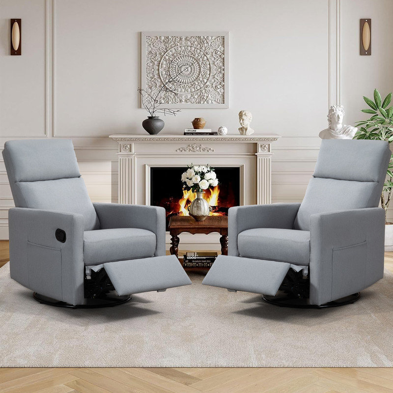 Fauteuil inclinable manuel berçant moderne pivotant de 25,6 po de largeur avec poches latérales pour petits espaces, Gris