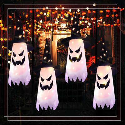 Ensemble de chapeau de sorcière fantôme d'Halloween (4 pièces) - interrupteurs indépendants, 3 modes de flash, 10 perles de lampe, décoration suspendue pour terrasse Eaves