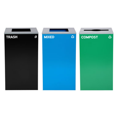29 Gallon Steel Open Top Mixed Recycling, Compost, and Trash Can Set with Square and Mixed Lid