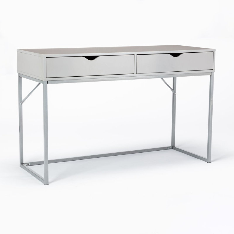 Contemporary Gray Wood Writing Desk with Drawer and Metal Base