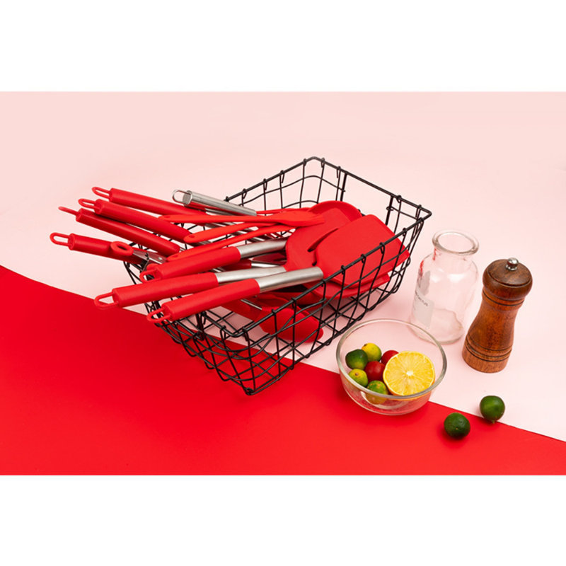 Ensemble d'ustensiles de cuisine en silicone 14 pièces, Rouge / argenté