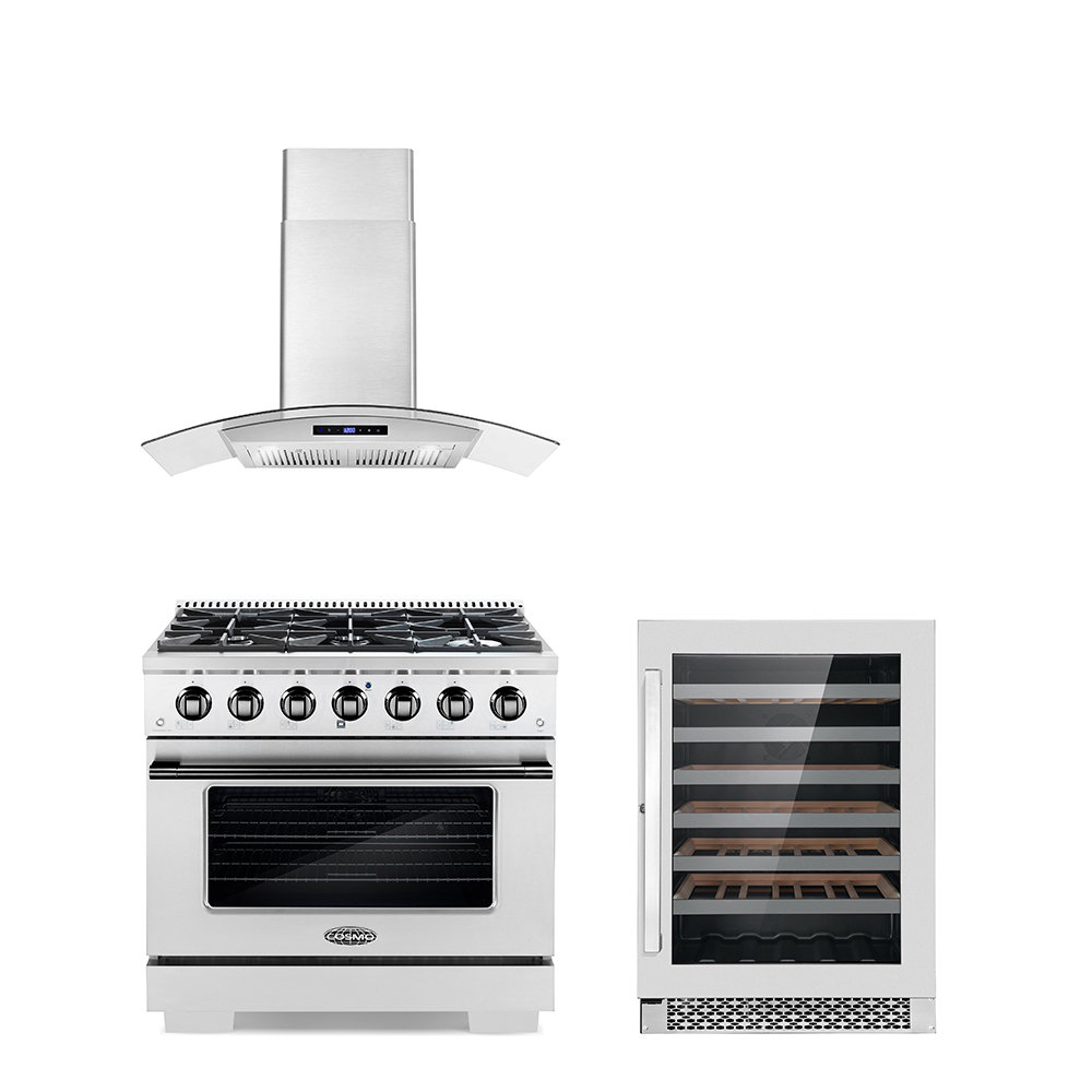 Cosmo 3 Piece Kitchen Appliance Package with 36'' Gas Freestanding Range , Wall Mount Range Hood , and Wine Refrigerator Cosmo 
