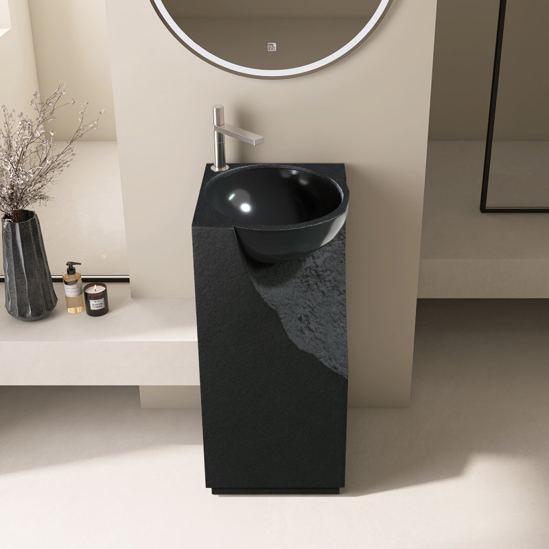 15 1/2'' Freestanding Solid Surface Pedestal Sink With Gloss Basin And Chiseled Front, Black
