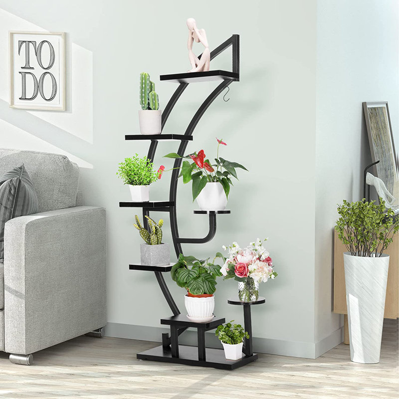 Support pour plante courbé à 6 niveaux avec support, Noir