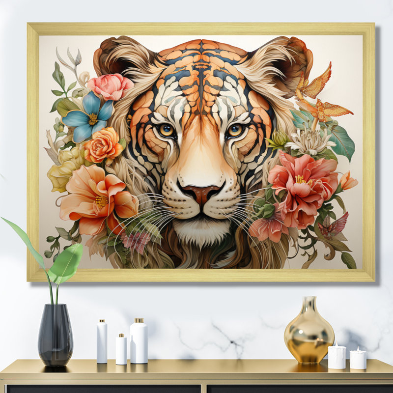 Coral Brown Line Art Whimsical Animals II Framed On Canvas Print, H 30 po x l 40 po x P 1,5 po, Cadre doré à une seule photo