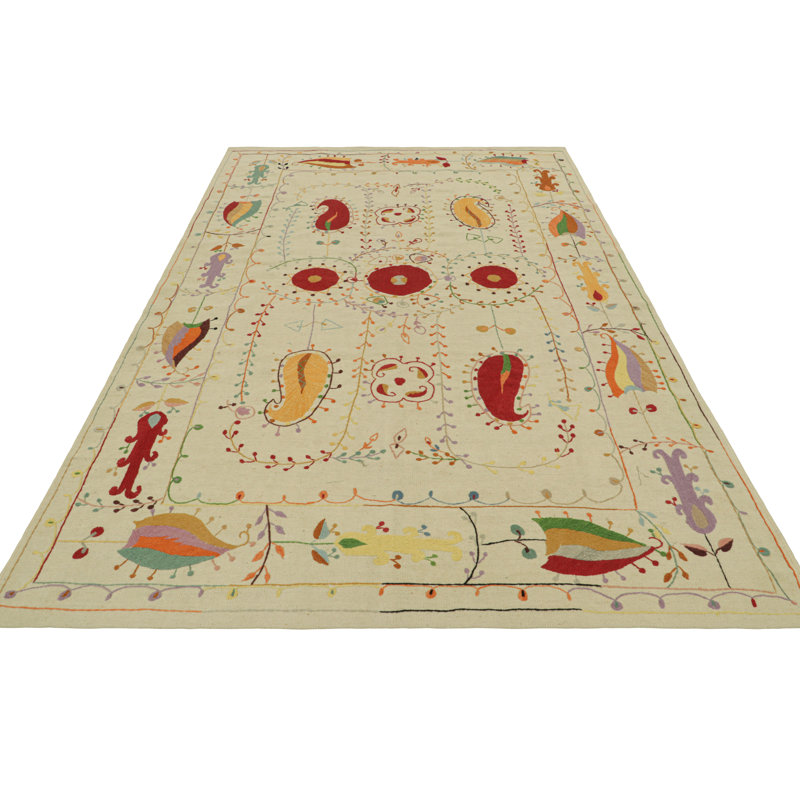 Rug & Kilim’S Suzani Style Kilim In Cream With Polychrome Paisleys And Florals