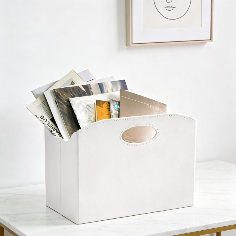 Porte-revues pliable porte-revues de sol en cuir polyuréthane porte-classeur panier de rangement pour journaux (blanc), White