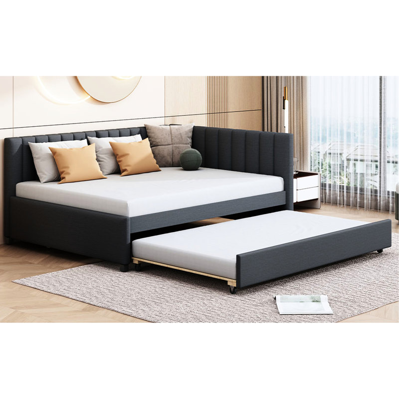 Lit de jour rembourré en lin gris avec lit gigogne, structure de lit stable, pas de sommier tapissier de taille classique, non nécessaire, style classique pour plus de fiabilité et peu d'espace