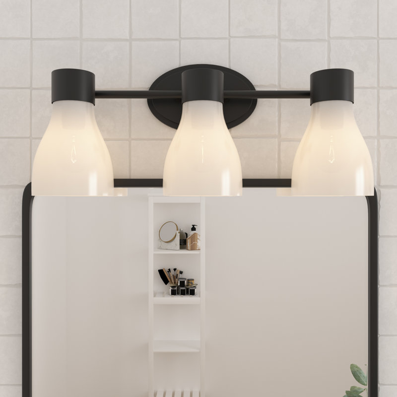 Jessa 3-Light Matte Black Vanity Light with Acid-Etched Opal Glass Shades, Matte Black, 3