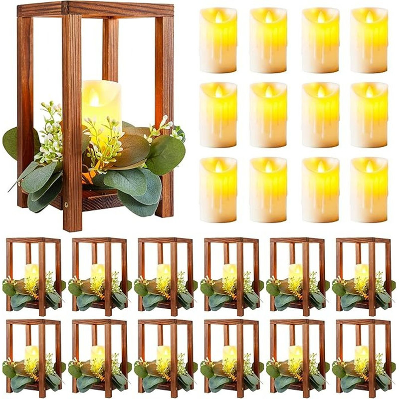 24 Pcs/12 Set Wooden Wedding Lantern Centerpiece Include 12 Lantern Candle Holder 12 Flameless LED Candle for Rustic Wedding Table Party Baby Shower Farmhouse Decor(No Wreathes)