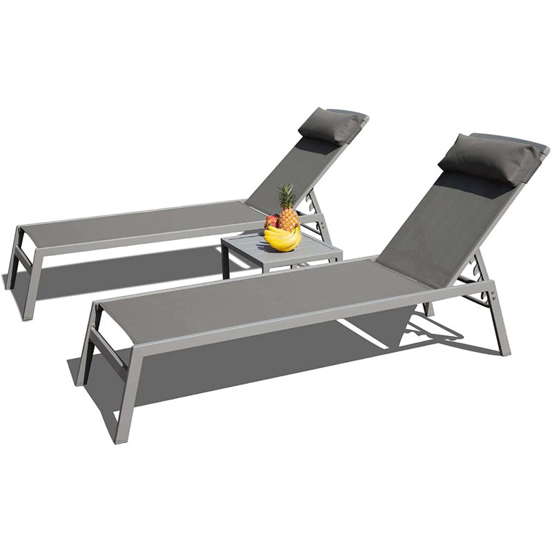 Patio Chaise Lounge Set, 3 Pieces Aluminum Adjustable Pool Recliners With PVC-coated polyester Fabric And Side Table For Outdoor Relaxation