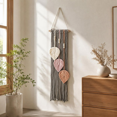 Woods Hanging Ornament European-Style Handwoven Cotton Rope Leaf Tapestry With Wooden Bead Fringe Designs  Bedroom Headboard Wall Decor