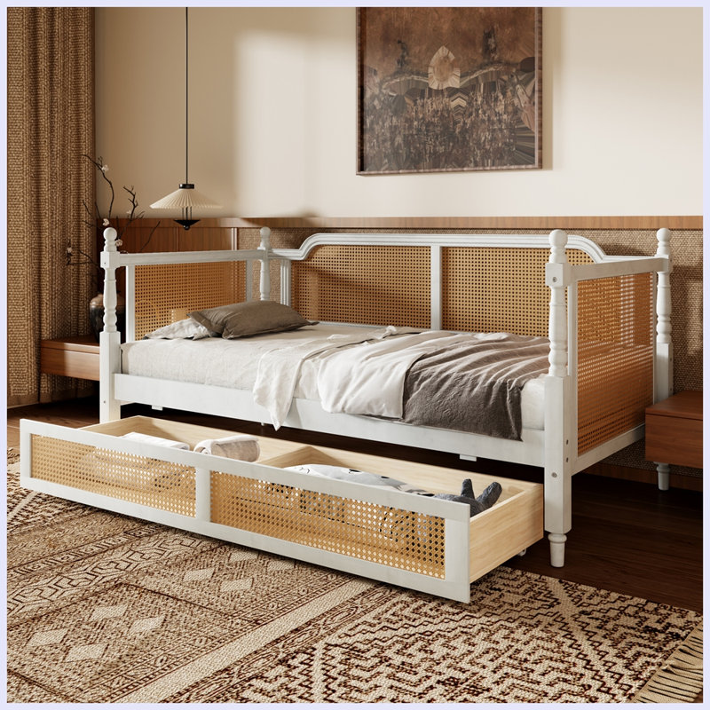 Traditional Style Rattan Daybed with 2 Drawers, Twin, Antique White