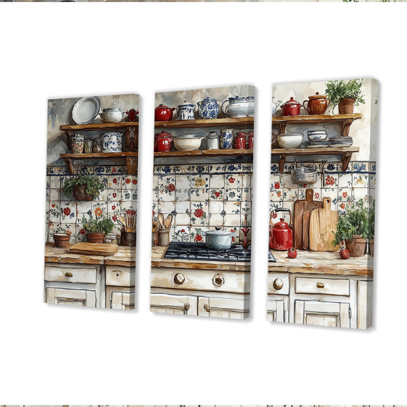 Country Kitchen Rustic Dream II - ensemble de reproductions d'art mural de cuisine, Toile tendue, H 32 po x l 48 po x P 1 po