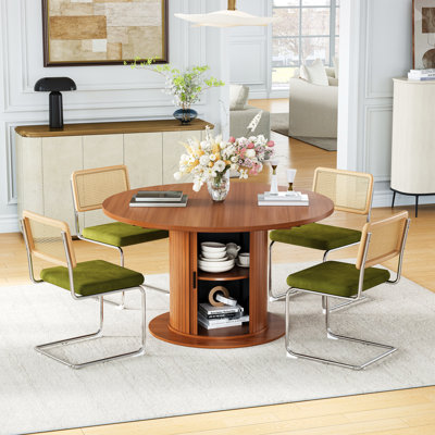 47-63" Extendable Dining Set, Rattan Velvet Cantilever Chairs, Round To Oval Table With Storage Pedestal & Sliding Doors, 2 Leaves