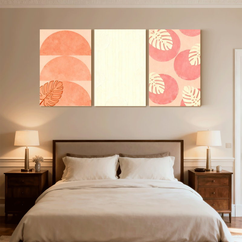 Ensemble de 3 reproductions d'art contemporain sur toile avec demi-cercles et feuilles tropicales, H 30 po x l 60 po