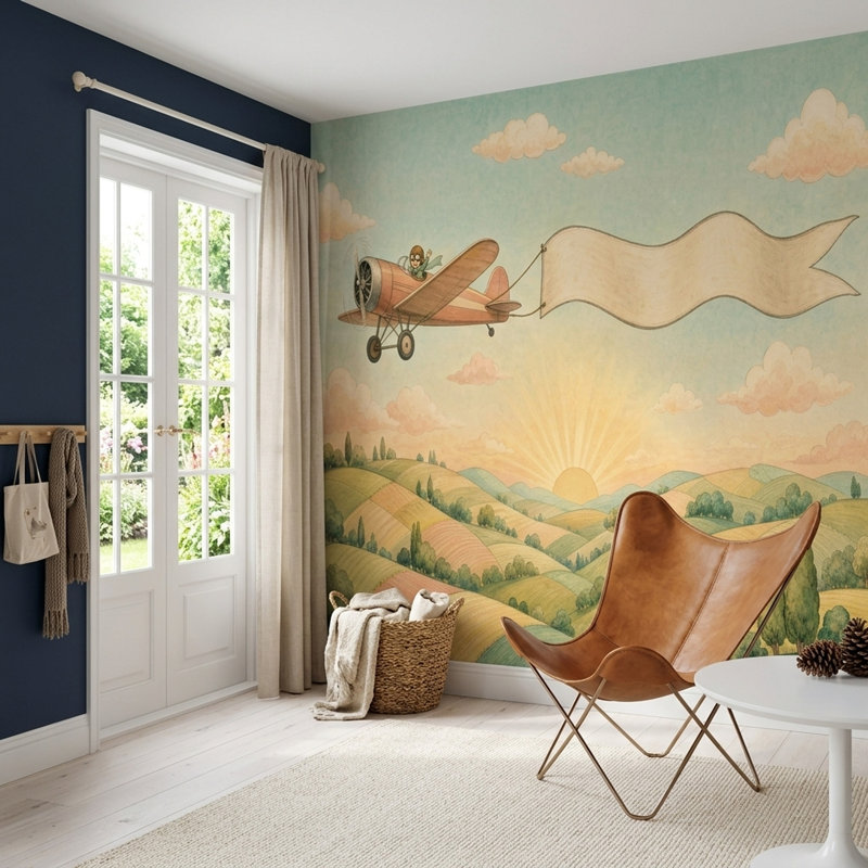 Vintage Airplane Wallpaper Pastel Sky Sunrise Wall Mural, 120"x96", Non-Woven Nonpasted