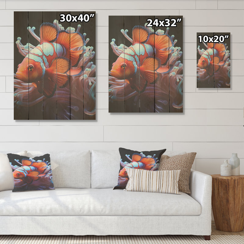 Portrait de poisson clown orange - corail côtier sous l'eau, art mural sur bois de pin naturel, H 40 po x l 30 po