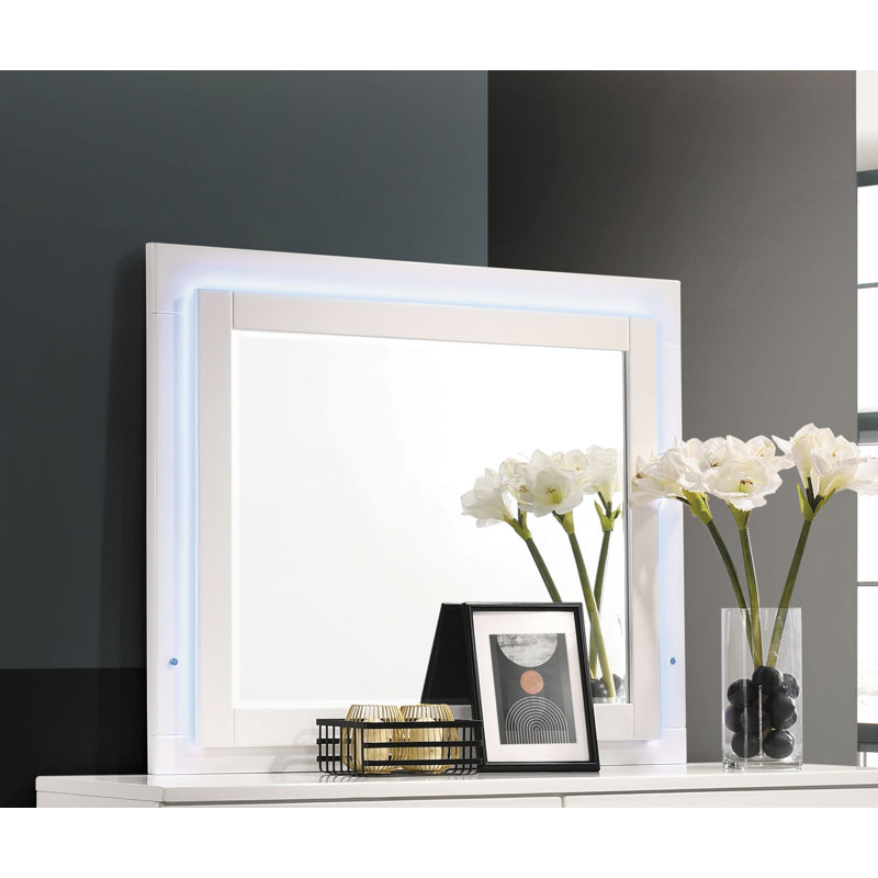 Dixie Glossy LED Lighting Panel Bedroom Set, Full, 4 Pcs: Bed, Nightstand, Dresser, Mirror