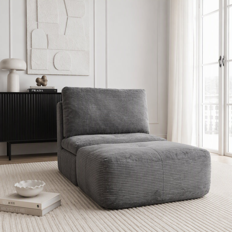 Chaise longue moderne en velours côtelé et mousse à mémoire de forme, sans assemblage, gris, L 69,68 po, Velours côtelé gris