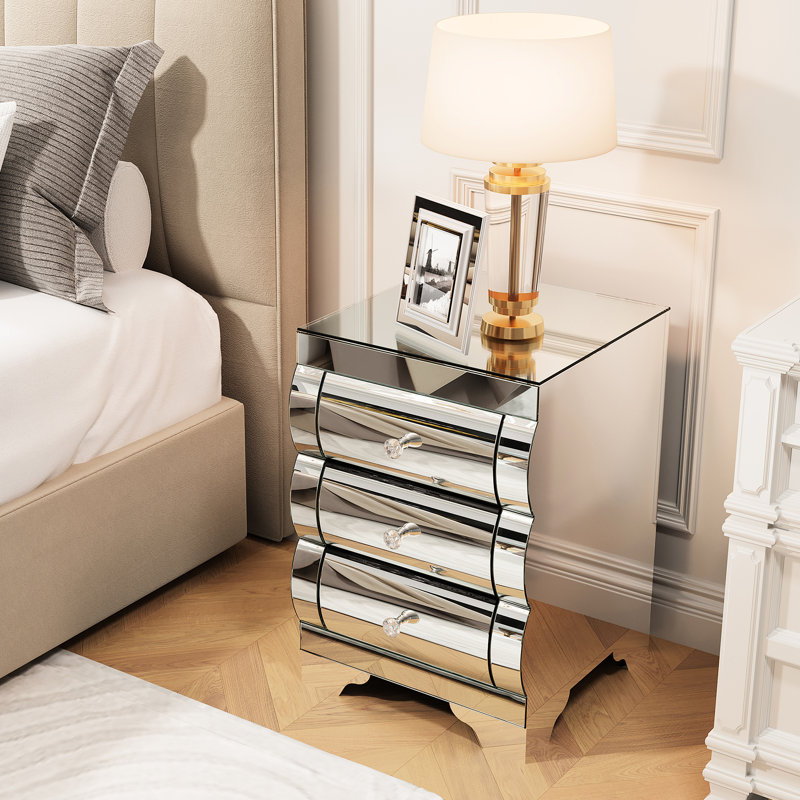 Table de chevet à 3 tiroirs avec miroir en argent courbé, design moderne, solution pour petits espaces de chambre à coucher, verre et acier inoxydable stable, table de chevet polyvalente et à assemblage rapide, mobilier, matériaux,