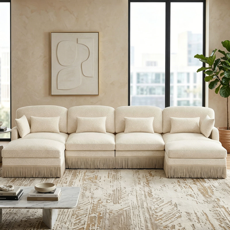 Modern Modular Leopard Print Chenille Sofa With Tassel Fring & Lumbar Pillows, Beige Chenille