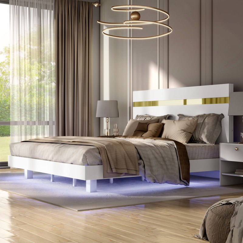 Clemson Platform Bed With Underbed Lighting, Queen, White
