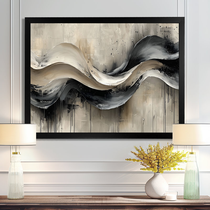 Gris sur fond blanc l'encre rythmique de la rivière à encre IV - Art abstrait de vagues modernes, Cadre simple, Noir