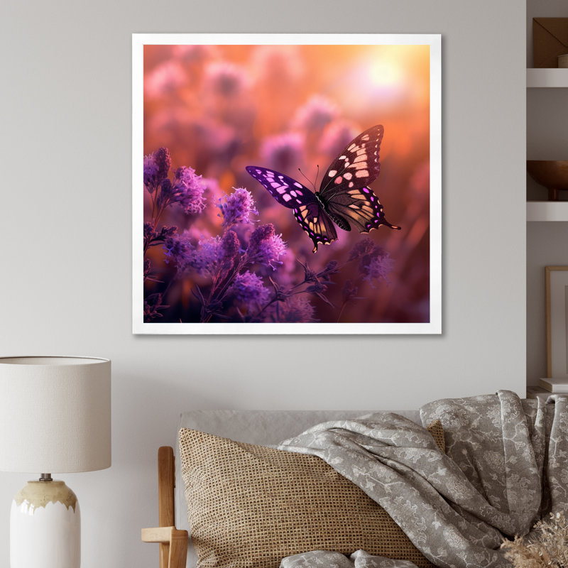Papillon rose, coucher de soleil magique I, H 24 po x l 24 po x P 1 po, Cadre simple blanc