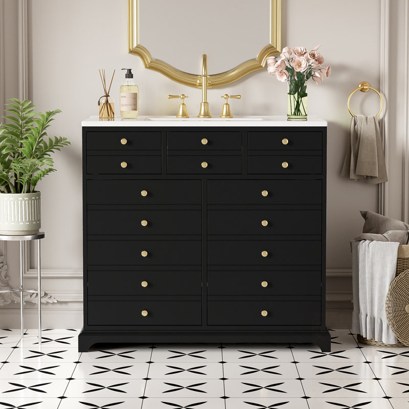 Meuble-lavabo de salle de bain avec lavabo supérieur, 2 tiroirs et portes à fermeture douce, Noir