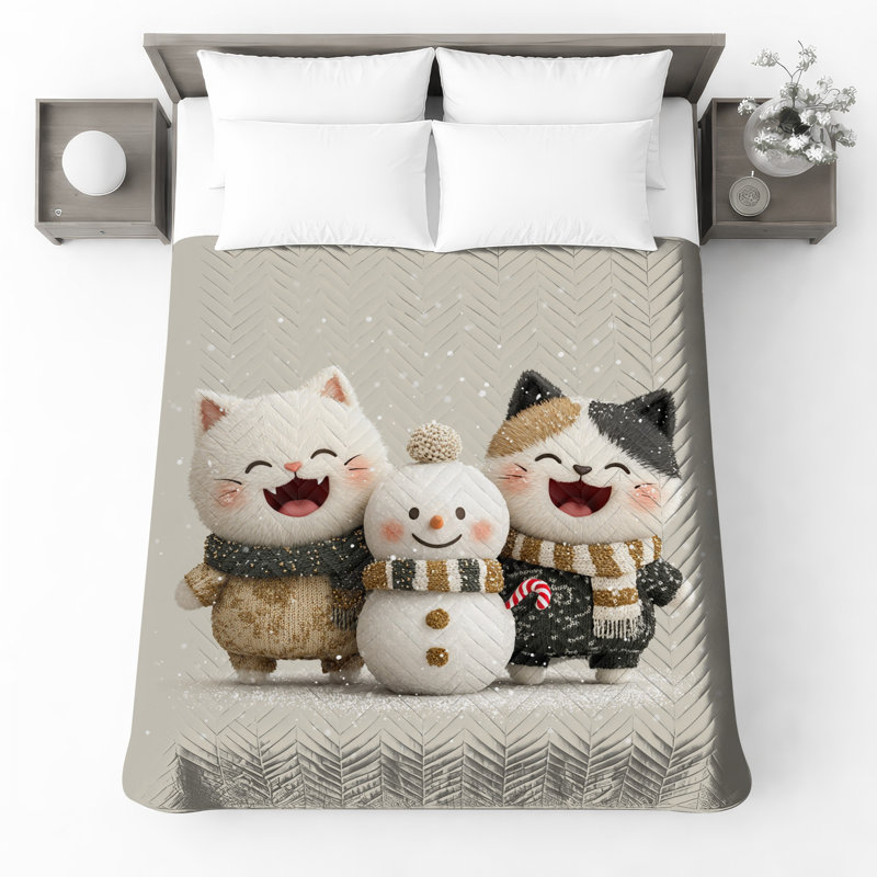 Jolis chats avec un bonhomme de neige et un couvre-lit, Lit simple