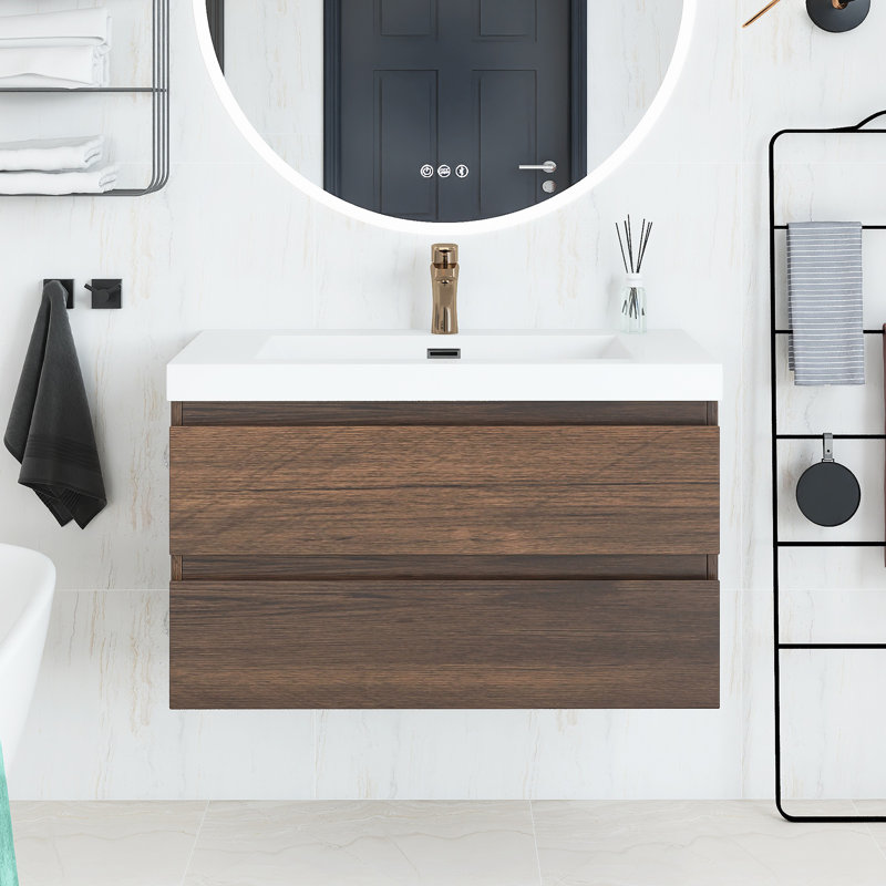 Derrald 36'' Single Sink Wall Mounted Bathroom Vanity with Resin Top, Rose Wood