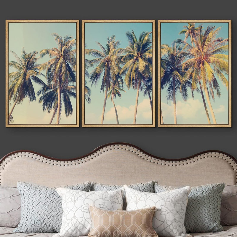 Ensemble de 3 reproductions de photos de palmiers tropicaux sur une plage, Cadre naturel flottant, H 24 po x l 16 po