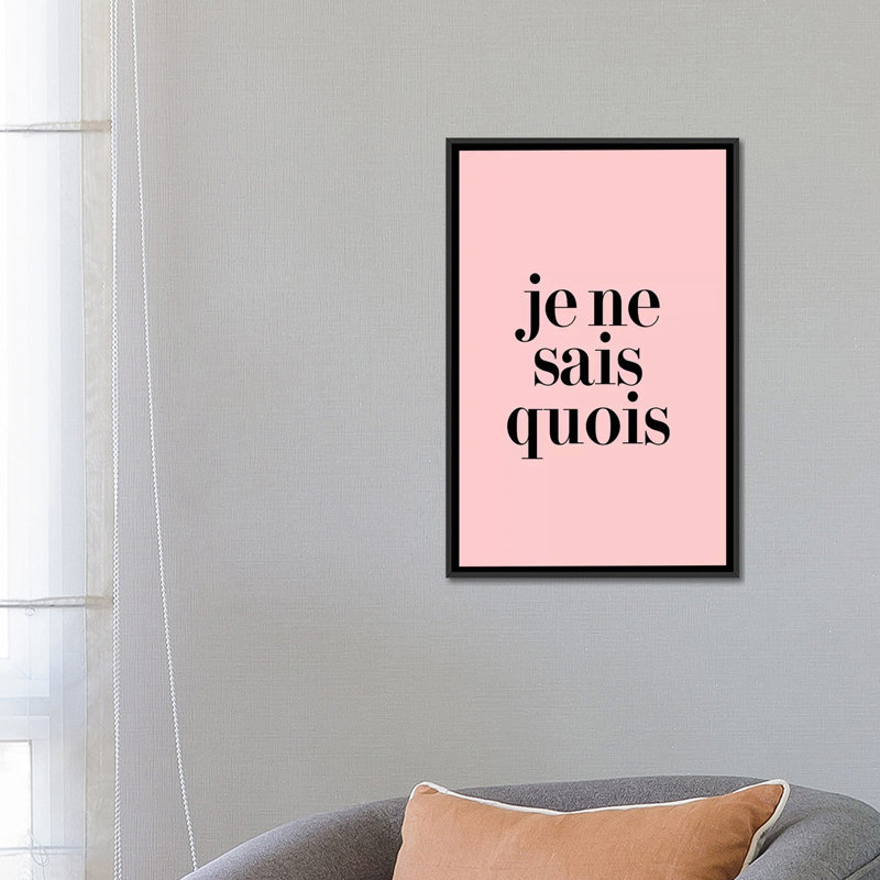« je ne sais quois », art textuel sur toile, H 26 po x l 18 po x P 1,5 po, Toile avec cadre noir, Pas de tapis