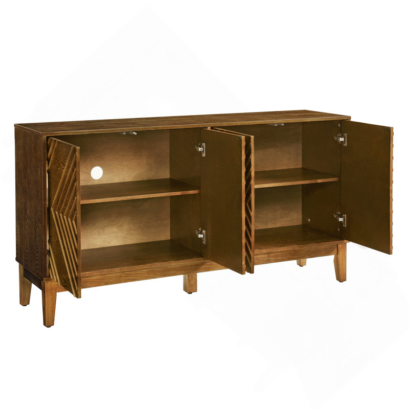 Sideboard 60.5" Buffet Cabinet With Storage, Farmhouse Fluted With Geometric Pattern & Adjustable Shelves, Mid Century Modern Tv Stand For Living Room Kitchen Dining Room Entryway, Walnut