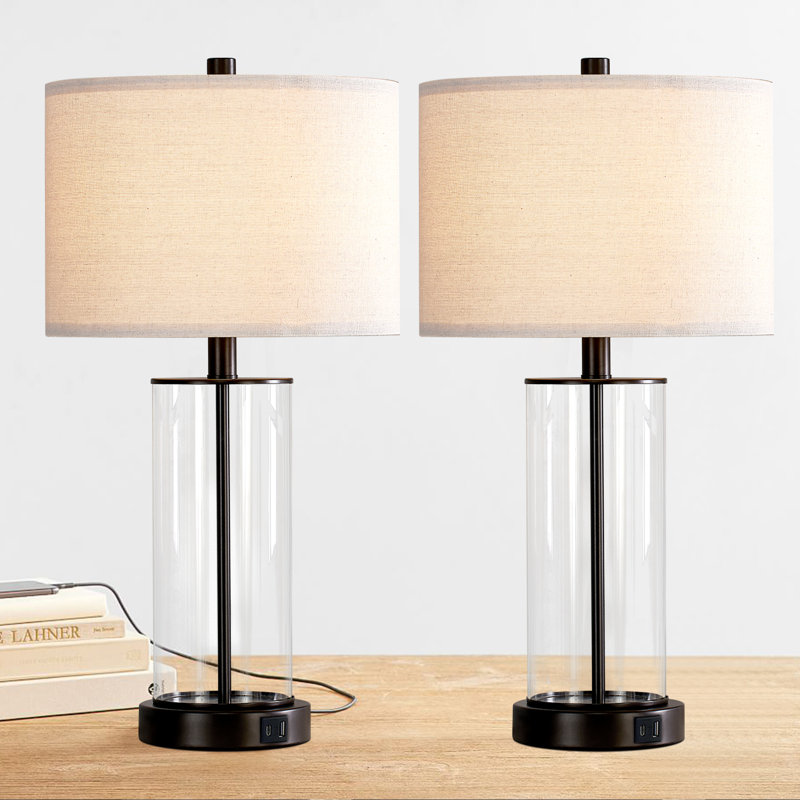 23'' USB Glass Table Lamp Set(Bulbs Included), Matte Black