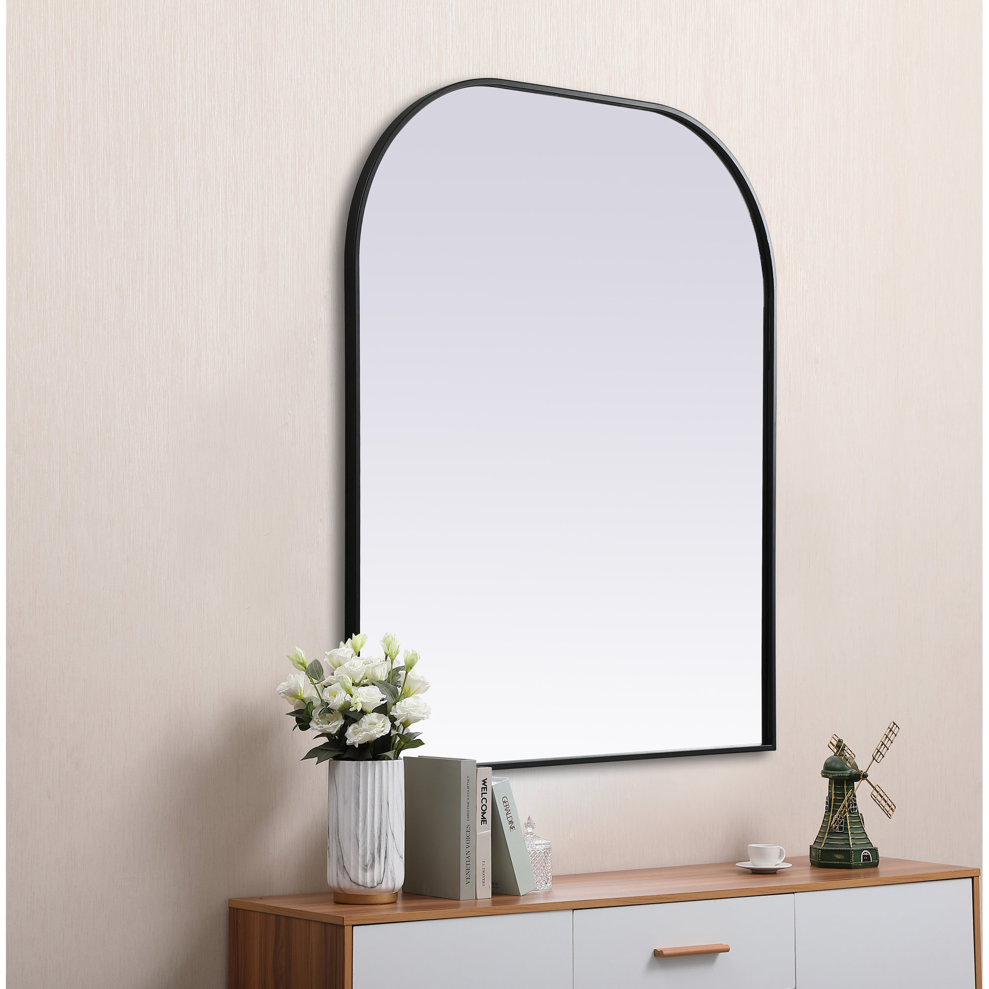Sabine Metal Wide Arch Wall Mirror, 42" x 36", Black