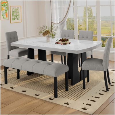 6 Piece Modern Dining Table Set, Faux Marble Dining Table With Geometric Legs & 4 Upholstered Chairs & 1 Bench, Suitable For Dining Kitchen Room,Easy To Assemble
