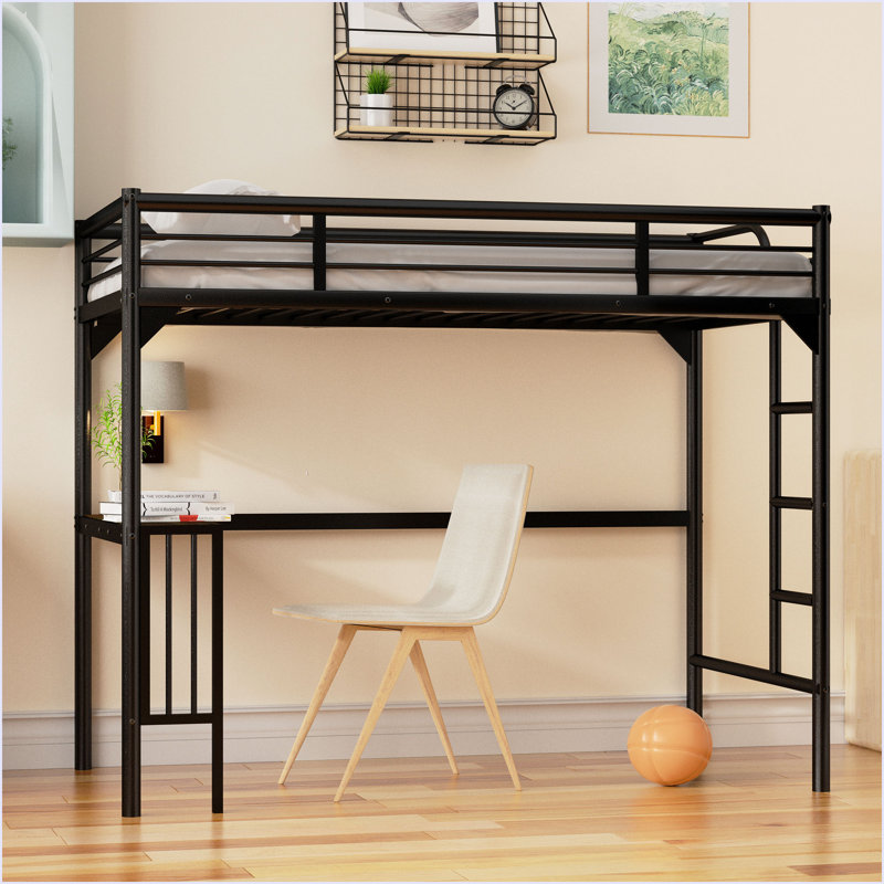 Lit mezzanine simple en métal avec bureau, Noir, noir, noir, noir