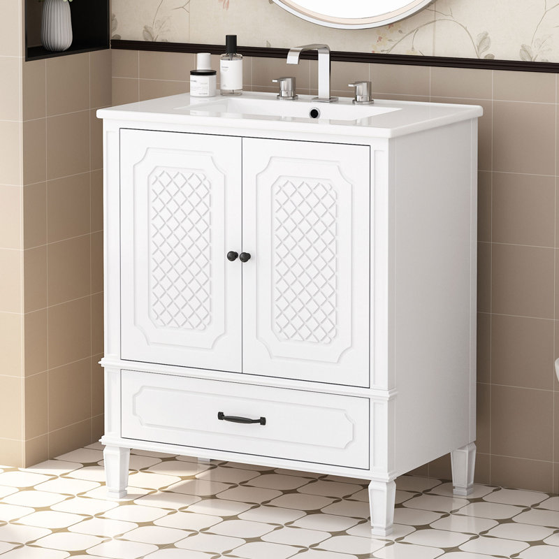 30 po X P 17 po P x 33 po Meuble-lavabo autoportant simple en H blanc avec comptoir en céramique blanc