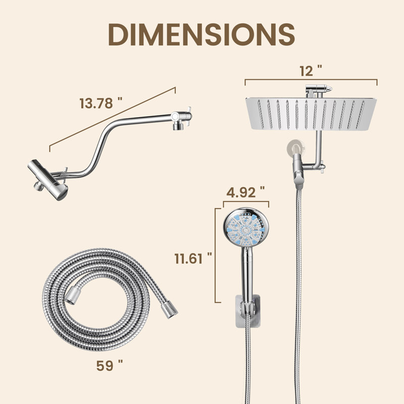 12-Inch Raincan Shower Heads with 9-Setting Handheld Spray and Adjustable Curved Extension Arm Combo Chrome, Chrome