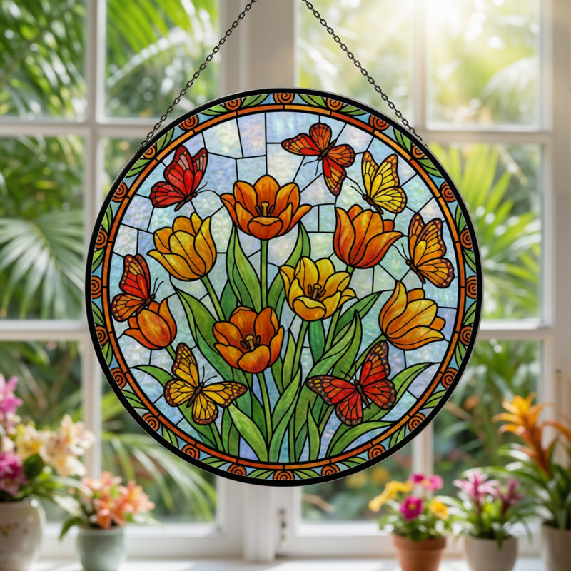Panneau de vitrail Tulip Butterfly, H 12 po x l 12 po