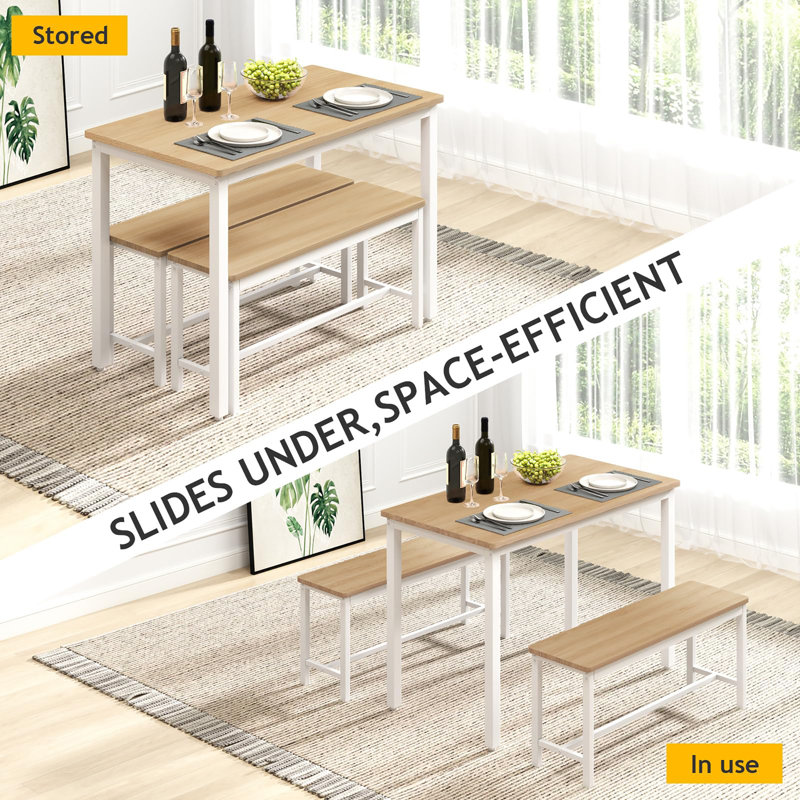 Ensemble de salle à manger 43 "pour 4 personnes avec 2 bancs et pieds réglables, Naturel, Blanc, Naturel