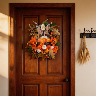 Couronne d'automne de campagne avec panneau de bienvenue et citrouilles, couronne d'automne de 17,7 po
